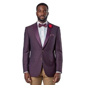 Birdseye Mens Suit Jacket w/ Satin Notch Lapel, Burgundy Wine